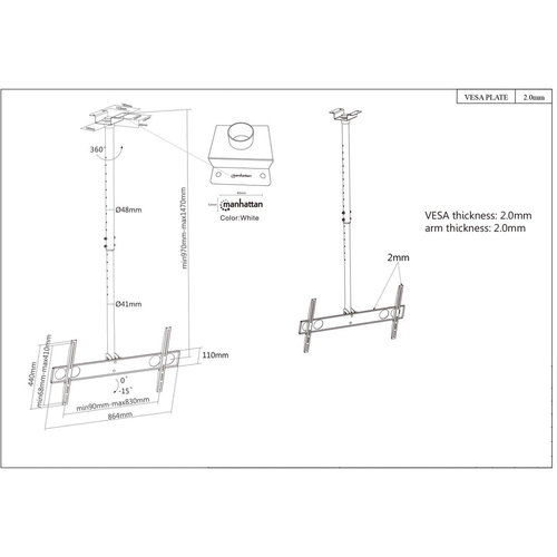 Manhattan Plafondbeugel voor TV’s en monitoren, voor schermen 37"–75", hoogte verstelbaar 105–156 cm, VESA-compatibiliteit: van 200x200 tot 800x400 mm (controleer de afmetingen van de vier montagegaten aan de achterzijde), max. 50 kg, zwart