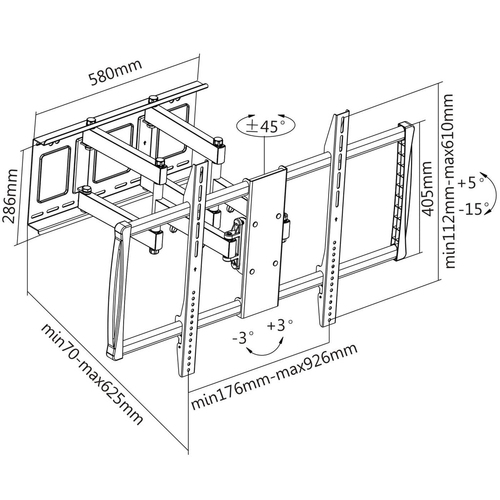 Manhattan Wandbeugel voor TV’s en monitoren (Volledig Verstelbaar), voor schermen 37–100", VESA-compatibiliteit: van 200x200 tot 900x600 mm (controleer de afmetingen van de vier montagegaten aan de achterzijde), max 80 kg, zwart