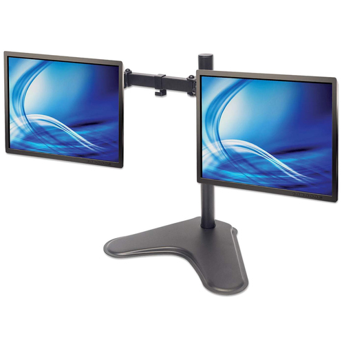 Manhattan Bureaubeugel voor 2 TV’s en monitoren (Volledig Verstelbaar), voor schermen 10"–27", monitorstandaard, VESA-compatibiliteit: 75x75 en 100x100 mm (controleer de afmetingen van de vier montagegaten aan de achterzijde), max. 8 kg per scherm, zwart