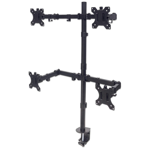 Manhattan Bureaubeugel voor 4 TV’s en monitoren, voor schermen 10"–27", met tafelklem of monitorstandaard, VESA-compatibiliteit: 75×75 en 100×100 mm (controleer de afmetingen van de vier montagegaten aan de achterzijde), max 8 kg per scherm, zwart