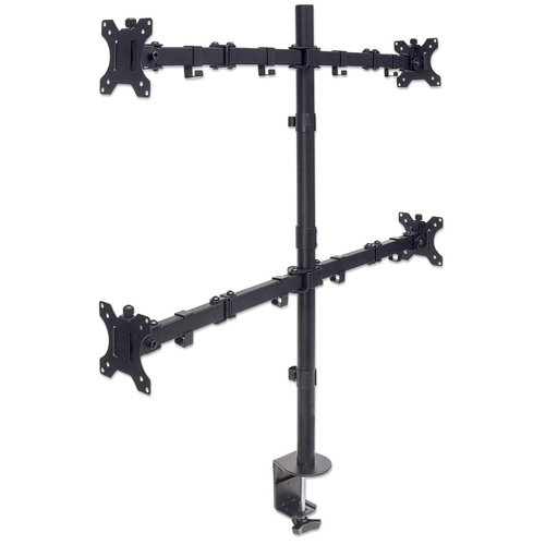 Manhattan Bureaubeugel voor 4 TV’s en monitoren, voor schermen 10"–27", met tafelklem of monitorstandaard, VESA-compatibiliteit: 75×75 en 100×100 mm (controleer de afmetingen van de vier montagegaten aan de achterzijde), max 8 kg per scherm, zwart