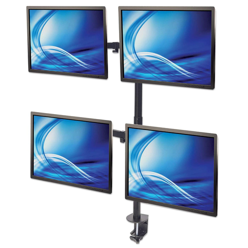 Manhattan Bureaubeugel voor 4 TV’s en monitoren, voor schermen 10"–27", met tafelklem of monitorstandaard, VESA-compatibiliteit: 75×75 en 100×100 mm (controleer de afmetingen van de vier montagegaten aan de achterzijde), max 8 kg per scherm, zwart