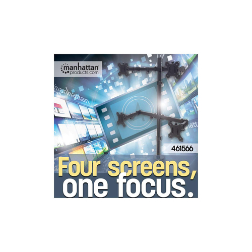 Manhattan Bureaubeugel voor 4 TV’s en monitoren, voor schermen 10"–27", met tafelklem of monitorstandaard, VESA-compatibiliteit: 75×75 en 100×100 mm (controleer de afmetingen van de vier montagegaten aan de achterzijde), max 8 kg per scherm, zwart