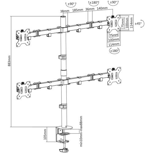 Manhattan Bureaubeugel voor 4 TV’s en monitoren, voor schermen 10"–27", met tafelklem of monitorstandaard, VESA-compatibiliteit: 75×75 en 100×100 mm (controleer de afmetingen van de vier montagegaten aan de achterzijde), max 8 kg per scherm, zwart