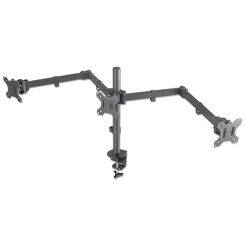 Manhattan Bureaubeugel voor 3 TV’s en monitoren, voor schermen 10"–27", met tafelklem, VESA-compatibiliteit: 75x75 en 100x100 mm (controleer de afmetingen van de vier montagegaten aan de achterzijde), max. 7 kg per scherm, zwart