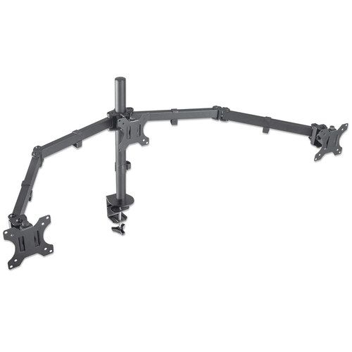 Manhattan Bureaubeugel voor 3 TV’s en monitoren, voor schermen 10"–27", met tafelklem, VESA-compatibiliteit: 75x75 en 100x100 mm (controleer de afmetingen van de vier montagegaten aan de achterzijde), max. 7 kg per scherm, zwart