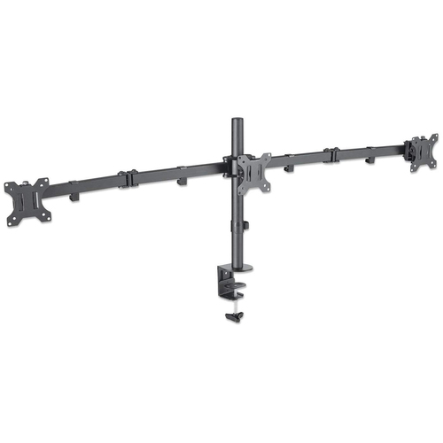 Manhattan Bureaubeugel voor 3 TV’s en monitoren, voor schermen 10"–27", met tafelklem, VESA-compatibiliteit: 75x75 en 100x100 mm (controleer de afmetingen van de vier montagegaten aan de achterzijde), max. 7 kg per scherm, zwart