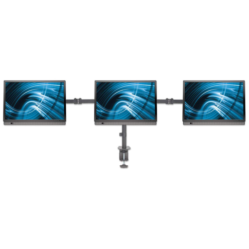 Manhattan Bureaubeugel voor 3 TV’s en monitoren, voor schermen 10"–27", met tafelklem, VESA-compatibiliteit: 75x75 en 100x100 mm (controleer de afmetingen van de vier montagegaten aan de achterzijde), max. 7 kg per scherm, zwart