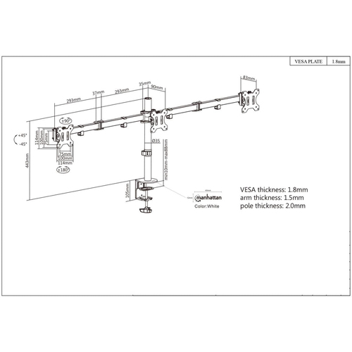 Manhattan Bureaubeugel voor 3 TV’s en monitoren, voor schermen 10"–27", met tafelklem, VESA-compatibiliteit: 75x75 en 100x100 mm (controleer de afmetingen van de vier montagegaten aan de achterzijde), max. 7 kg per scherm, zwart