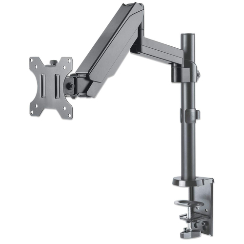 Manhattan Bureaubeugel voor TV’s en monitoren (Volledig Verstelbaar met gasveer), voor schermen 13"–27", met tafelklem of bladdoorvoer, VESA-compatibiliteit: 75x75 en 100x100 mm (controleer de afmetingen van de vier montagegaten aan de achterzijde), max. 8kg, zwart