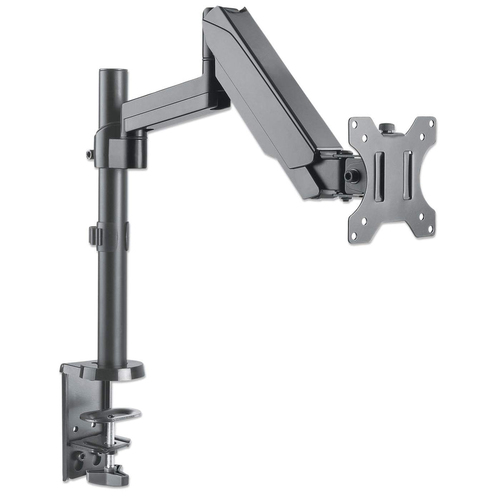 Manhattan Bureaubeugel voor TV’s en monitoren (Volledig Verstelbaar met gasveer), voor schermen 13"–27", met tafelklem of bladdoorvoer, VESA-compatibiliteit: 75x75 en 100x100 mm (controleer de afmetingen van de vier montagegaten aan de achterzijde), max. 8kg, zwart