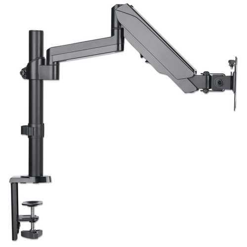 Manhattan Bureaubeugel voor TV’s en monitoren (Volledig Verstelbaar met gasveer), voor schermen 13"–27", met tafelklem of bladdoorvoer, VESA-compatibiliteit: 75x75 en 100x100 mm (controleer de afmetingen van de vier montagegaten aan de achterzijde), max. 8kg, zwart