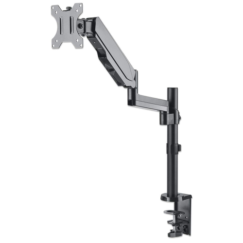 Manhattan Bureaubeugel voor TV’s en monitoren (Volledig Verstelbaar met gasveer), voor schermen 13"–27", met tafelklem of bladdoorvoer, VESA-compatibiliteit: 75x75 en 100x100 mm (controleer de afmetingen van de vier montagegaten aan de achterzijde), max. 8kg, zwart