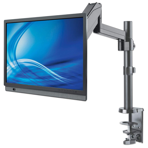 Manhattan Bureaubeugel voor TV’s en monitoren (Volledig Verstelbaar met gasveer), voor schermen 13"–27", met tafelklem of bladdoorvoer, VESA-compatibiliteit: 75x75 en 100x100 mm (controleer de afmetingen van de vier montagegaten aan de achterzijde), max. 8kg, zwart