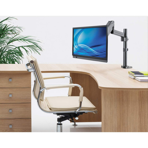 Manhattan Bureaubeugel voor TV’s en monitoren (Volledig Verstelbaar met gasveer), voor schermen 13"–27", met tafelklem of bladdoorvoer, VESA-compatibiliteit: 75x75 en 100x100 mm (controleer de afmetingen van de vier montagegaten aan de achterzijde), max. 8kg, zwart