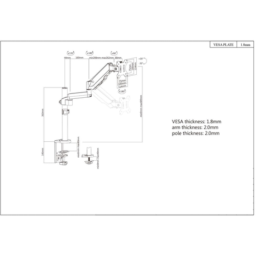Manhattan Bureaubeugel voor TV’s en monitoren (Volledig Verstelbaar met gasveer), voor schermen 13"–27", met tafelklem of bladdoorvoer, VESA-compatibiliteit: 75x75 en 100x100 mm (controleer de afmetingen van de vier montagegaten aan de achterzijde), max. 8kg, zwart