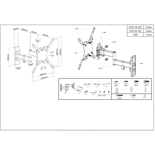 Manhattan Wandbeugel voor TV’s en monitoren (Volledig Verstelbaar), voor schermen 13–42", VESA-compatibiliteit: van 75x75 tot 200x200 mm (controleer de afmetingen van de vier montagegaten aan de achterzijde), max 20 kg, zwart