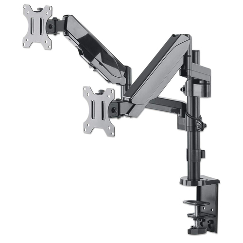 Manhattan Bureaubeugel voor 2 TV’s en monitoren (Volledig Verstelbaar met gasveer), voor schermen 10"–27", met tafelklem of bladdoorvoer, VESA-compatibiliteit: 75x75 en 100x100 mm (controleer de afmetingen van de vier montagegaten aan de achterzijde)