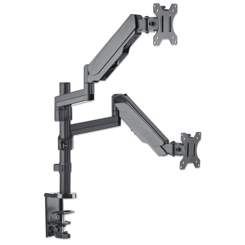 Manhattan Bureaubeugel voor 2 TV’s en monitoren (Volledig Verstelbaar met gasveer), voor schermen 10"–27", met tafelklem of bladdoorvoer, VESA-compatibiliteit: 75x75 en 100x100 mm (controleer de afmetingen van de vier montagegaten aan de achterzijde)