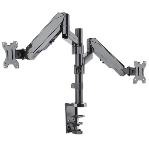 Manhattan Bureaubeugel voor 2 TV’s en monitoren (Volledig Verstelbaar met gasveer), voor schermen 10"–27", met tafelklem of bladdoorvoer, VESA-compatibiliteit: 75x75 en 100x100 mm (controleer de afmetingen van de vier montagegaten aan de achterzijde)