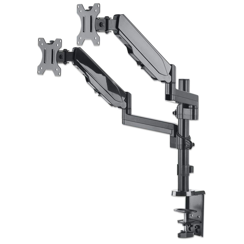 Manhattan Bureaubeugel voor 2 TV’s en monitoren (Volledig Verstelbaar met gasveer), voor schermen 10"–27", met tafelklem of bladdoorvoer, VESA-compatibiliteit: 75x75 en 100x100 mm (controleer de afmetingen van de vier montagegaten aan de achterzijde)