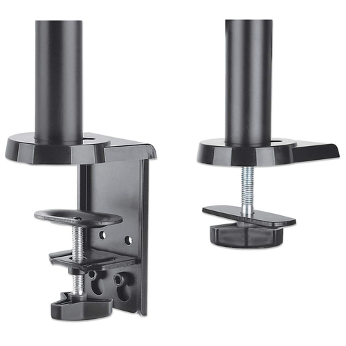 Manhattan Bureaubeugel voor 2 TV’s en monitoren (Volledig Verstelbaar met gasveer), voor schermen 10"–27", met tafelklem of bladdoorvoer, VESA-compatibiliteit: 75x75 en 100x100 mm (controleer de afmetingen van de vier montagegaten aan de achterzijde)