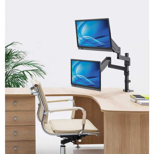 Manhattan Bureaubeugel voor 2 TV’s en monitoren (Volledig Verstelbaar met gasveer), voor schermen 10"–27", met tafelklem of bladdoorvoer, VESA-compatibiliteit: 75x75 en 100x100 mm (controleer de afmetingen van de vier montagegaten aan de achterzijde)
