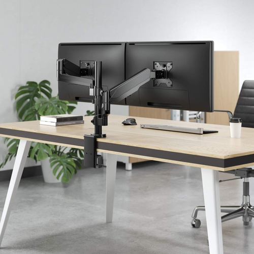 Manhattan Bureaubeugel voor 2 TV’s en monitoren (Volledig Verstelbaar met gasveer), voor schermen 10"–27", met tafelklem of bladdoorvoer, VESA-compatibiliteit: 75x75 en 100x100 mm (controleer de afmetingen van de vier montagegaten aan de achterzijde)