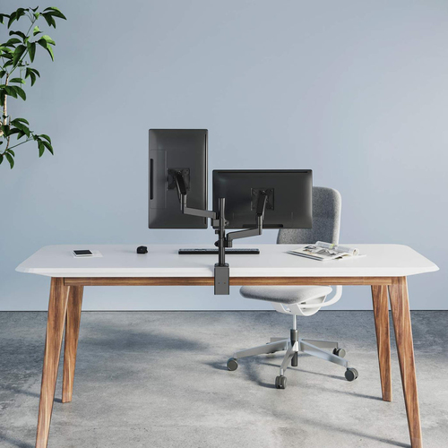 Manhattan Bureaubeugel voor 2 TV’s en monitoren (Volledig Verstelbaar met gasveer), voor schermen 10"–27", met tafelklem of bladdoorvoer, VESA-compatibiliteit: 75x75 en 100x100 mm (controleer de afmetingen van de vier montagegaten aan de achterzijde)