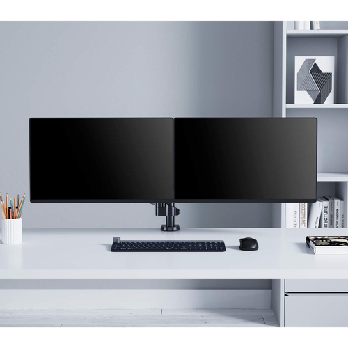 Manhattan Bureaubeugel voor 2 TV’s en monitoren (Volledig Verstelbaar met gasveer), voor schermen 10"–27", met tafelklem of bladdoorvoer, VESA-compatibiliteit: 75x75 en 100x100 mm (controleer de afmetingen van de vier montagegaten aan de achterzijde)