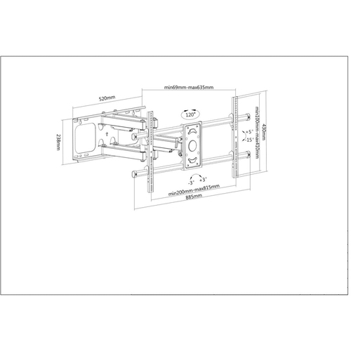 Manhattan Wandbeugel voor TV’s en monitoren (Volledig Verstelbaar), voor schermen 37–75", VESA-compatibiliteit: van 200x200 tot 800x400 mm (controleer de afmetingen van de vier montagegaten aan de achterzijde), max 75 kg, zwart