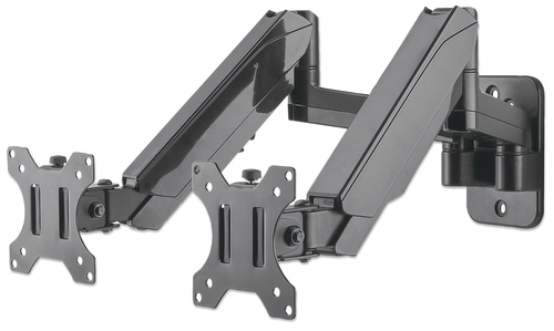 Manhattan Wandbeugel voor 2 TV’s en monitoren (Volledig Verstelbaar met gasveer), voor schermen 17"–32", VESA-compatibiliteit: 75x75 en 100x100 mm (controleer de afmetingen van de vier montagegaten aan de achterzijde), max. 8 kg per scherm, zwart
