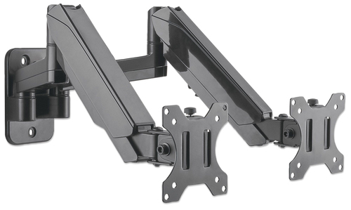 Manhattan Wandbeugel voor 2 TV’s en monitoren (Volledig Verstelbaar met gasveer), voor schermen 17"–32", VESA-compatibiliteit: 75x75 en 100x100 mm (controleer de afmetingen van de vier montagegaten aan de achterzijde), max. 8 kg per scherm, zwart