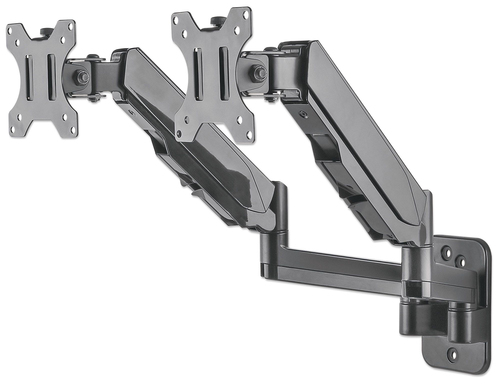 Manhattan Wandbeugel voor 2 TV’s en monitoren (Volledig Verstelbaar met gasveer), voor schermen 17"–32", VESA-compatibiliteit: 75x75 en 100x100 mm (controleer de afmetingen van de vier montagegaten aan de achterzijde), max. 8 kg per scherm, zwart