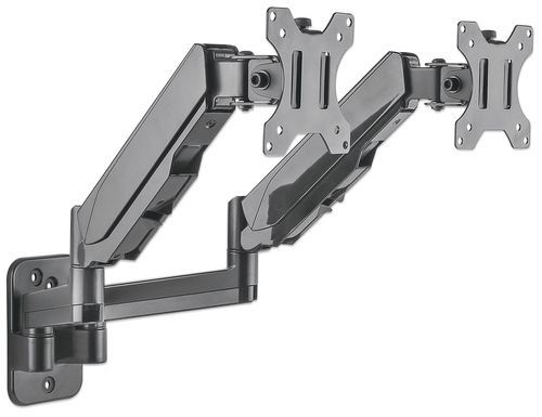 Manhattan Wandbeugel voor 2 TV’s en monitoren (Volledig Verstelbaar met gasveer), voor schermen 17"–32", VESA-compatibiliteit: 75x75 en 100x100 mm (controleer de afmetingen van de vier montagegaten aan de achterzijde), max. 8 kg per scherm, zwart