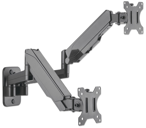 Manhattan Wandbeugel voor 2 TV’s en monitoren (Volledig Verstelbaar met gasveer), voor schermen 17"–32", VESA-compatibiliteit: 75x75 en 100x100 mm (controleer de afmetingen van de vier montagegaten aan de achterzijde), max. 8 kg per scherm, zwart