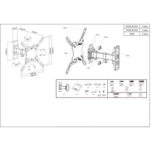 Manhattan Draaibare wandbeugel voor TV’s en monitoren (Kantelen & Zwenken, 2 zwenken), voor schermen 13"–27", VESA-compatibiliteit: van 75×75 tot 200×200 mm (controleer de afmetingen van de vier montagegaten aan de achterzijde), max 30 kg, zwart