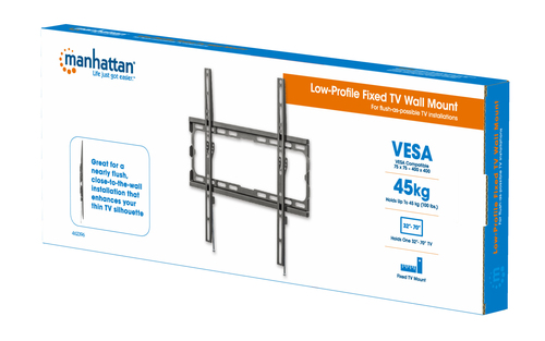 Manhattan Wandbeugel voor TV’s en monitoren (Vast), voor schermen 32–55", VESA-compatibiliteit: van 200x200 tot 400x400 mm (controleer de afmetingen van de vier montagegaten aan de achterzijde), max 40 kg, zwart