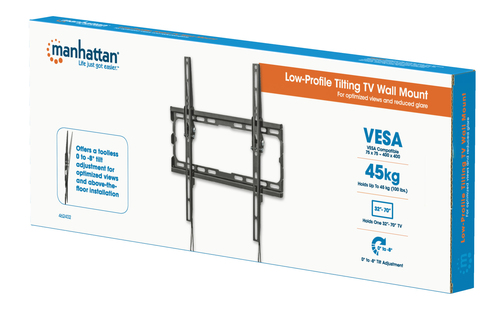 Manhattan Wandbeugel voor TV’s en monitoren (Kantelbaar), voor schermen 32"–55", VESA-compatibiliteit: van 200×200 tot 400×400 mm (controleer de afmetingen van de vier montagegaten aan de achterzijde), max 35 kg, zwart