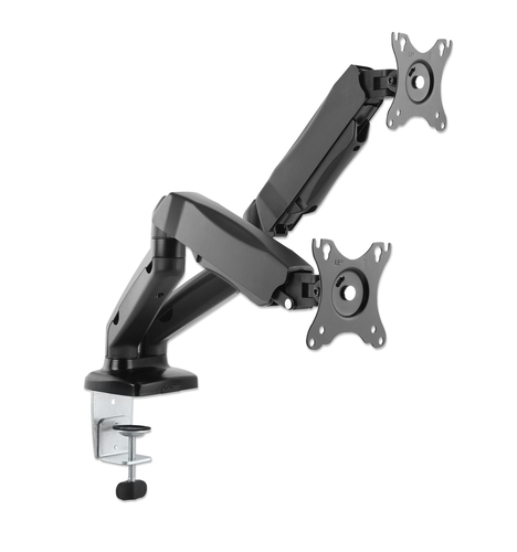 Manhattan Bureaubeugel voor 2 TV’s en monitoren (Volledig Verstelbaar met veer), voor schermen 10"–27", met tafelklem of bladdoorvoer, VESA-compatibiliteit: 75x75 en 100x100 mm (controleer de afmetingen van de vier montagegaten aan de achterzijde)