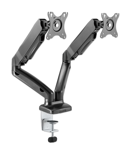 Manhattan Bureaubeugel voor 2 TV’s en monitoren (Volledig Verstelbaar met veer), voor schermen 10"–27", met tafelklem of bladdoorvoer, VESA-compatibiliteit: 75x75 en 100x100 mm (controleer de afmetingen van de vier montagegaten aan de achterzijde)