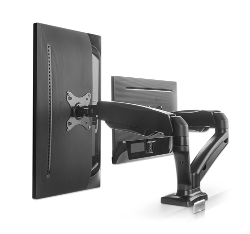 Manhattan Bureaubeugel voor 2 TV’s en monitoren (Volledig Verstelbaar met veer), voor schermen 10"–27", met tafelklem of bladdoorvoer, VESA-compatibiliteit: 75x75 en 100x100 mm (controleer de afmetingen van de vier montagegaten aan de achterzijde)