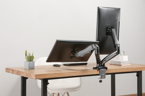 Manhattan Bureaubeugel voor 2 TV’s en monitoren (Volledig Verstelbaar met veer), voor schermen 10"–27", met tafelklem of bladdoorvoer, VESA-compatibiliteit: 75x75 en 100x100 mm (controleer de afmetingen van de vier montagegaten aan de achterzijde)