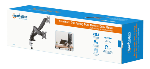 Manhattan Bureaubeugel voor 2 TV’s en monitoren (Volledig Verstelbaar met veer), voor schermen 10"–27", met tafelklem of bladdoorvoer, VESA-compatibiliteit: 75x75 en 100x100 mm (controleer de afmetingen van de vier montagegaten aan de achterzijde)