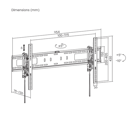 Manhattan Wandbeugel met verlenging voor TV’s en monitoren (Kantelbaar, anti-diefstal), voor schermen 37"–100", VESA-compatibiliteit: van 200×200 tot 800×400 mm (controleer de afmetingen van de vier montagegaten aan de achterzijde), max 75 kg, zwart