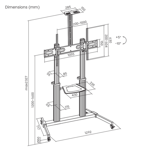 Manhattan Trolley voor TV’s en monitoren, voor schermen 37"–100", VESA-compatibiliteit: van 200x200 tot 1000x600 mm (controleer de afmetingen van de vier montagegaten aan de achterzijde), max. 80 kg, hoogte 1200–1600 mm, zwart