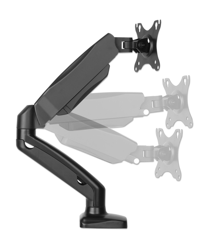 Manhattan Bureaubeugel voor TV’s en monitoren (Volledig Verstelbaar met veer), voor schermen 13"–27", met tafelklem of bladdoorvoer, VESA-compatibiliteit: 75x75 en 100x100 mm (controleer de afmetingen van de vier montagegaten aan de achterzijde), max. 9 kg, zwart