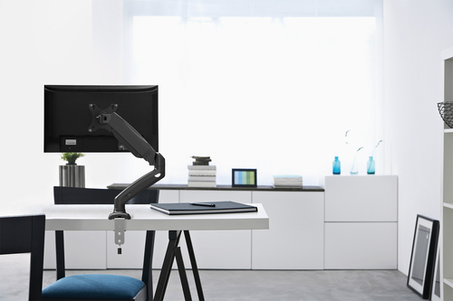 Manhattan Bureaubeugel voor TV’s en monitoren (Volledig Verstelbaar met veer), voor schermen 13"–27", met tafelklem of bladdoorvoer, VESA-compatibiliteit: 75x75 en 100x100 mm (controleer de afmetingen van de vier montagegaten aan de achterzijde), max. 9 kg, zwart