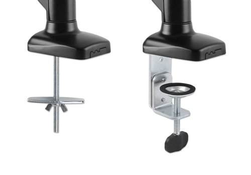 Manhattan Bureaubeugel voor TV’s en monitoren (Volledig Verstelbaar met veer), voor schermen 13"–27", met tafelklem of bladdoorvoer, VESA-compatibiliteit: 75x75 en 100x100 mm (controleer de afmetingen van de vier montagegaten aan de achterzijde), max. 9 kg, zwart