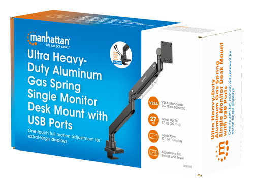 Manhattan Bureaubeugel voor TV’s en monitoren (Volledig Verstelbaar met gasveer), voor schermen 13"–42", met tafelklem of bladdoorvoer, VESA-compatibiliteit: van 75x75 tot 200x200 mm (controleer de afmetingen van de vier montagegaten aan de achterzijde)